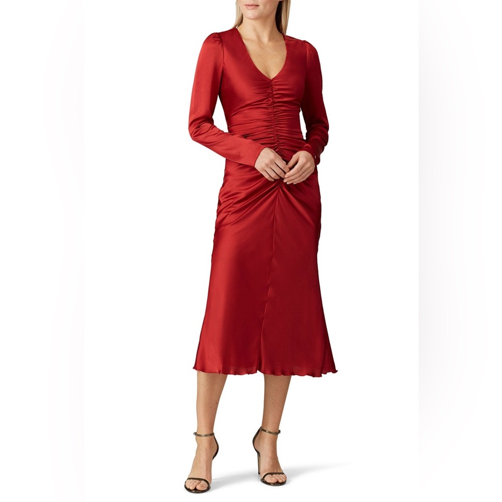 Nissa Ruched Satin Red Midi Dress from RTR